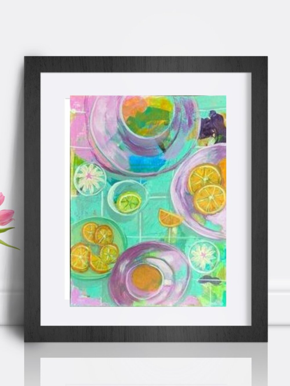 Vibrant Abstract Citrus Art  Tea Cup Table scape